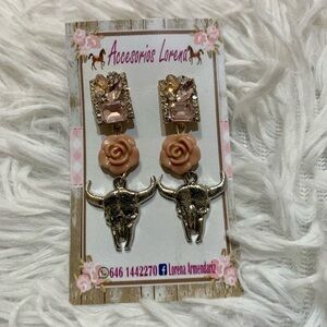 Pink diamonds, Bull, pink rose cowgirl earrings